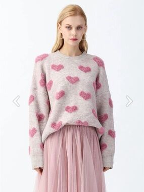 Chicwish Pink Heart Crewneck Sweater on Light Gray (L/XL)